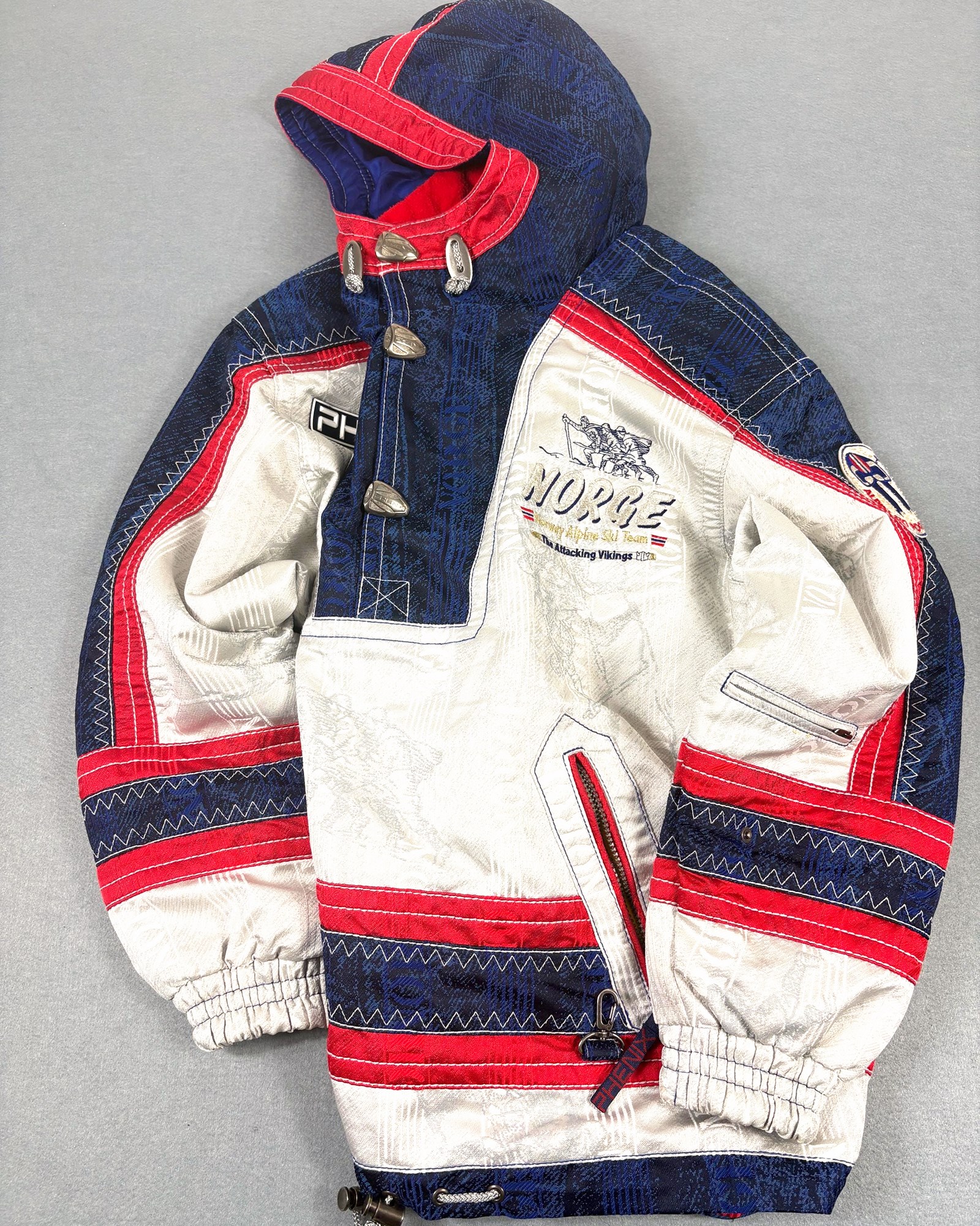 Vintage 90s Phenix Norge Alpine Ski Team Anorak White Navy Red UK XL