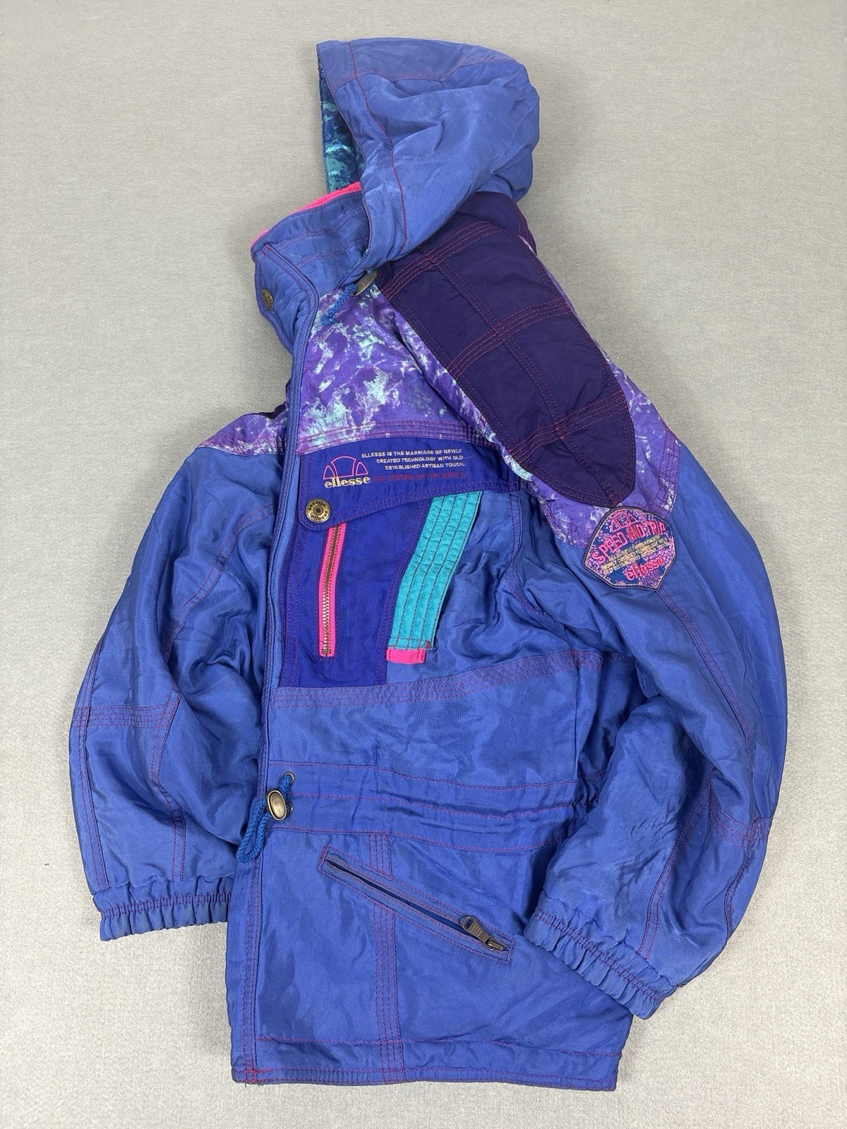 Vintage Ellesse Hooded Ski Jacket Purple Blue Teal UK L