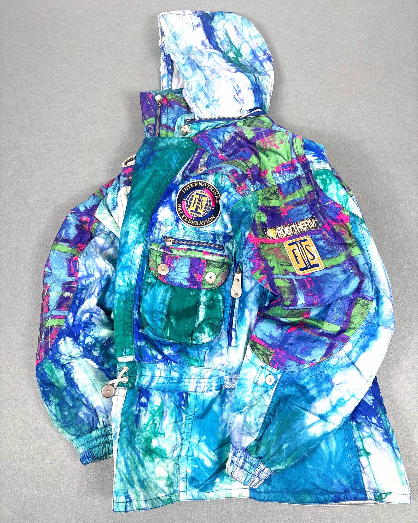 Vintage 90s Phenix FIS Ski Jacket Blue Green Marble Print UK L